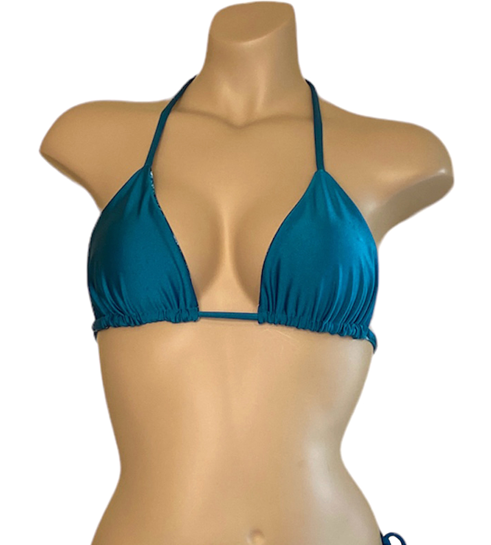 Reversible triangle bikini top in blue marble with teal on the reverse teal side