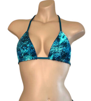 Reversible triangle bikini top in blue marble with teal front view
