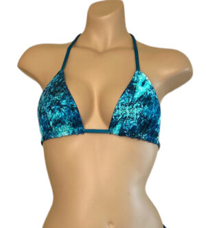 Reversible triangle bikini top in blue marble with teal on the reverse
