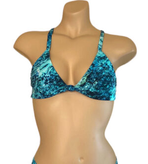 Reversible knotted front cross back adjustable bikini top in blue marble print