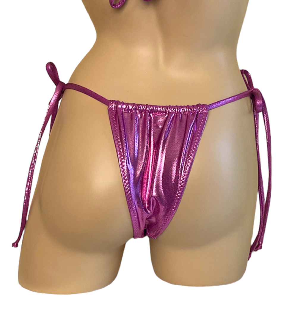 Adjustable cheeky tie side slider bikini bottoms in shimmery dark pink back view