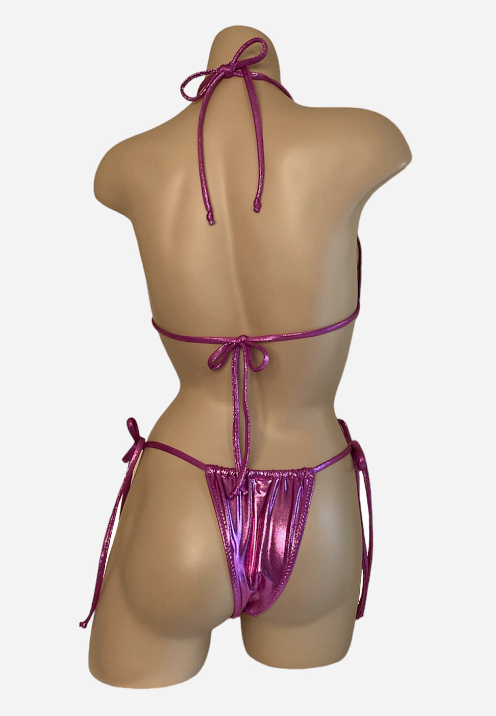 Slider tie side bikini bottoms and triangle bikini top in dark pink sparkle fabric back view