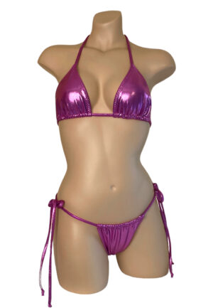 Slider tie side bikini bottoms and triangle bikini top in metallic pink