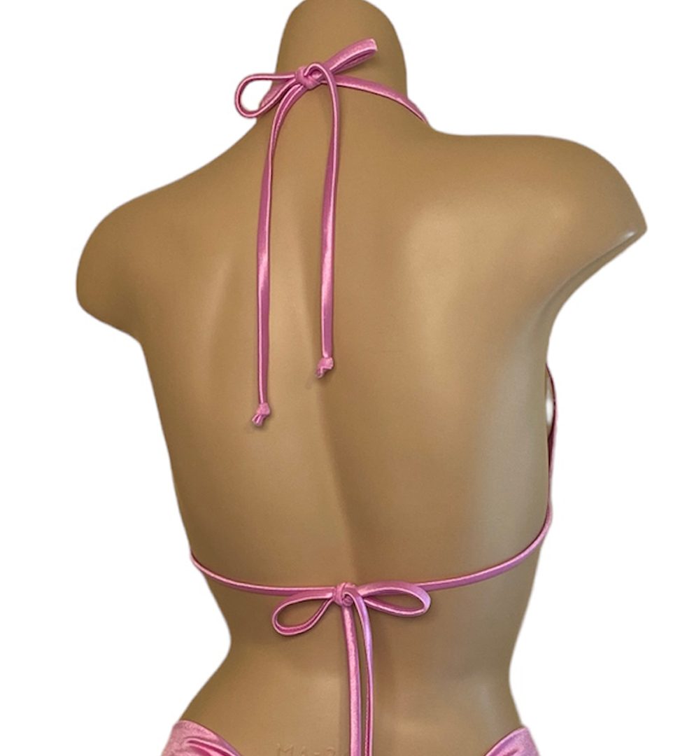 light pink stretch satin adjustable triangle bikini top back view