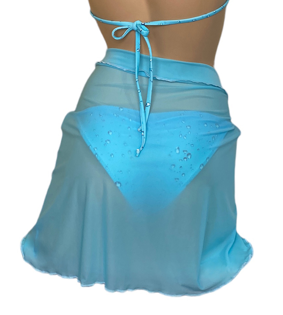 Light turquoise wrap with Rain print bikini bottoms back view