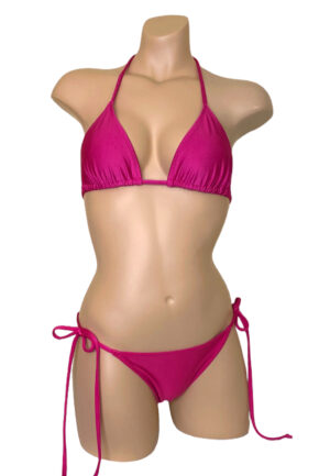 Low waist tie side extra cheeky bikini bottoms and classic triangle bikini top in Magenta front view
