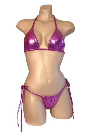 Slider tie side bikini bottoms and triangle bikini top in metallic pink front view