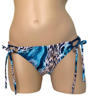 Low waist, tie sides, moderate coverage bikini bottoms in aqua leopard print front view