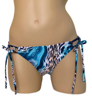 Low waist, loop tie sides, moderate coverage bikini bottoms in aqua leopard print