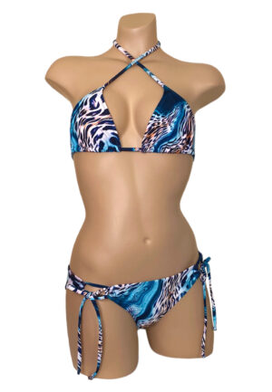 Low waist, tie side, moderate coverage bikini bottoms with triangle bikini top in aqua leopard print front view