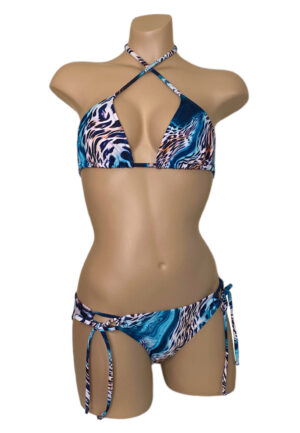 Low waist loop tie side moderate coverage bikini bottoms with triangle bikini top in aqua leopard print