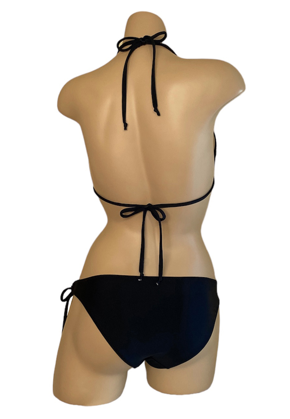 Low waist, loop tie side bikini bottoms with triangle top in black back view