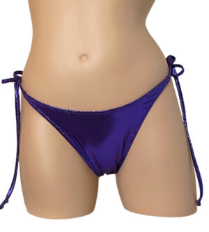High cut tie side ruched back bikini bottoms in metallic purple front view