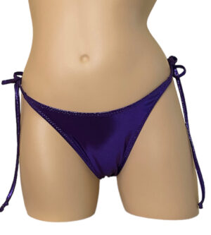 High cut tie side ruched back bikini bottoms in metallic purple