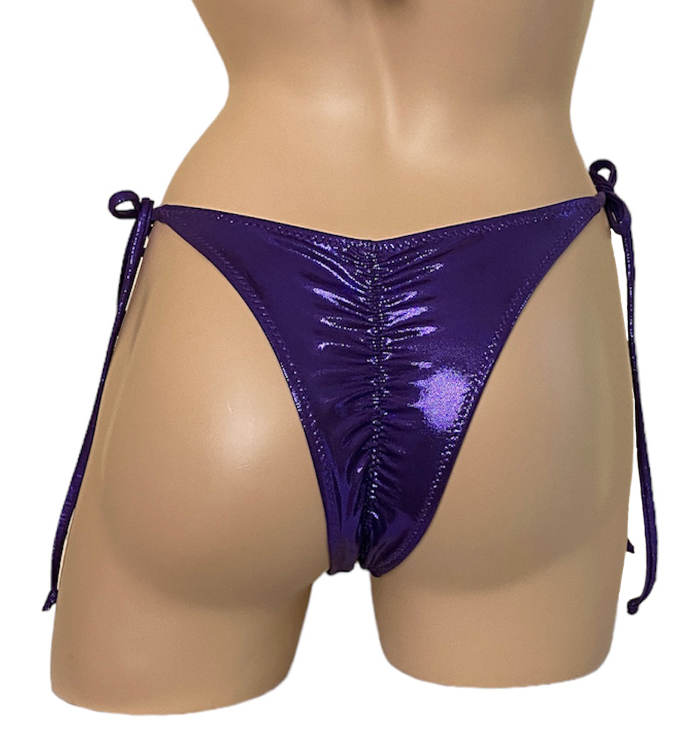 High hip tie side ruched back bikini bottoms in purple back view