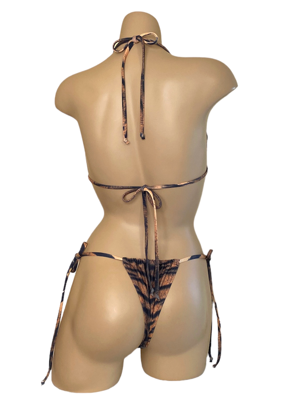 Adjustable slider bikini bottoms and triangle top in tiger print back view