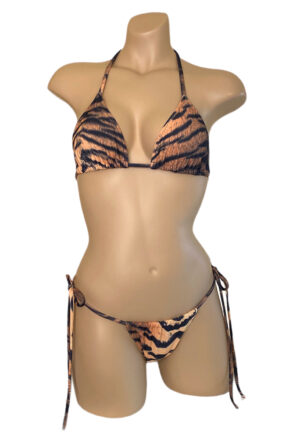 Adjustable slider bikini bottoms and triangle top in tiger print