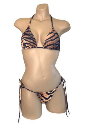 Adjustable slider bikini bottoms and triangle top in tiger print front view
