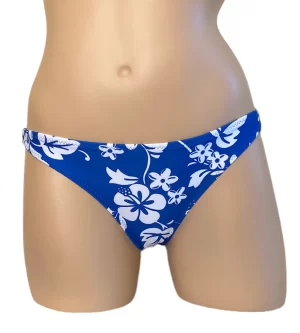 low waist, sporty bikini bottoms in blue floral print front view