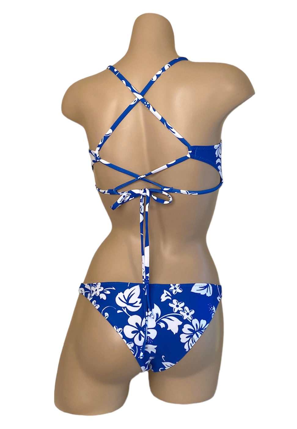 low waist bikini bottoms with peek a boo bikini top in blue hibiscus print back view