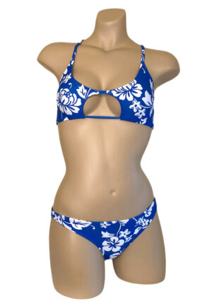 low waist bikini bottoms with peek a boo bikini top in blue floral print