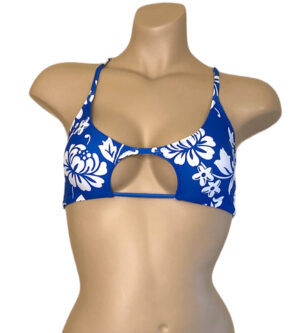 peek a boo bikini top in blue and white floral print