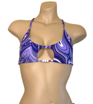peek a boo bikini top in purple and white swirl print with beaded detail at center front view