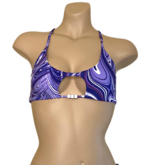 peek a boo bikini top in purple and white swirl print with beaded detail at center front
