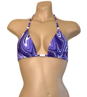 triangle bikini top with bead details in purple swirl print front view