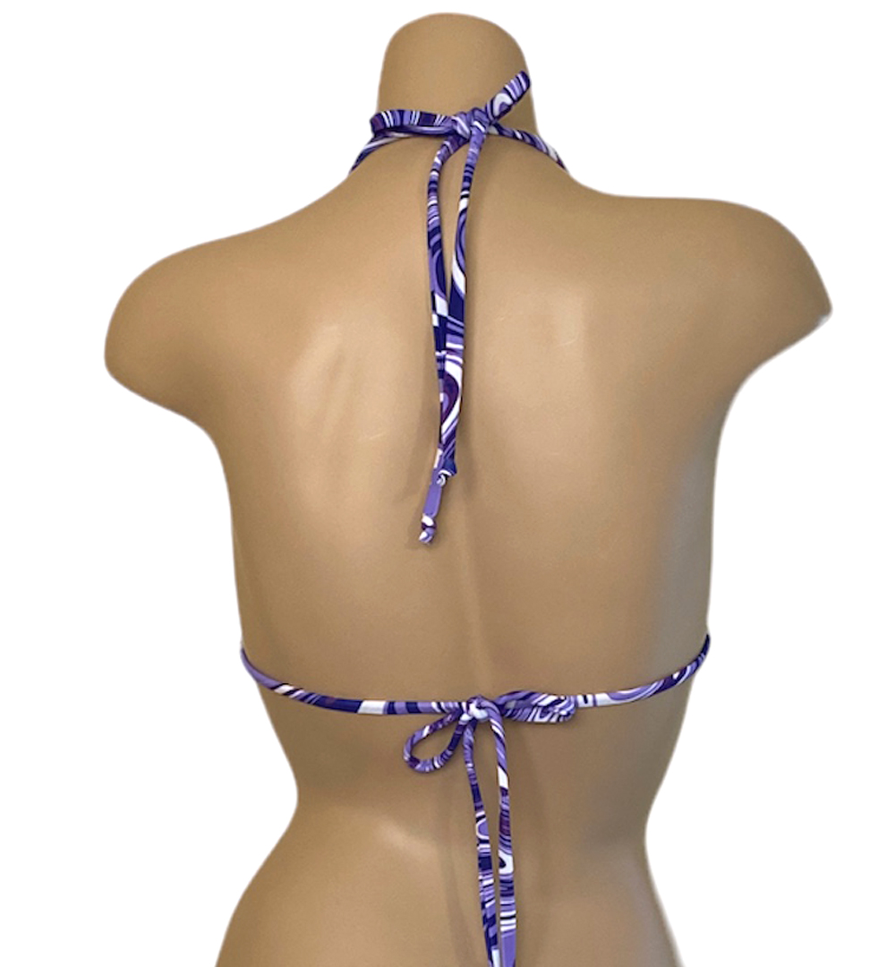 triangle bikini top with bead details in purple swirl print back view