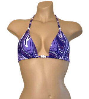 triangle bikini top with bead details in purple swirl print