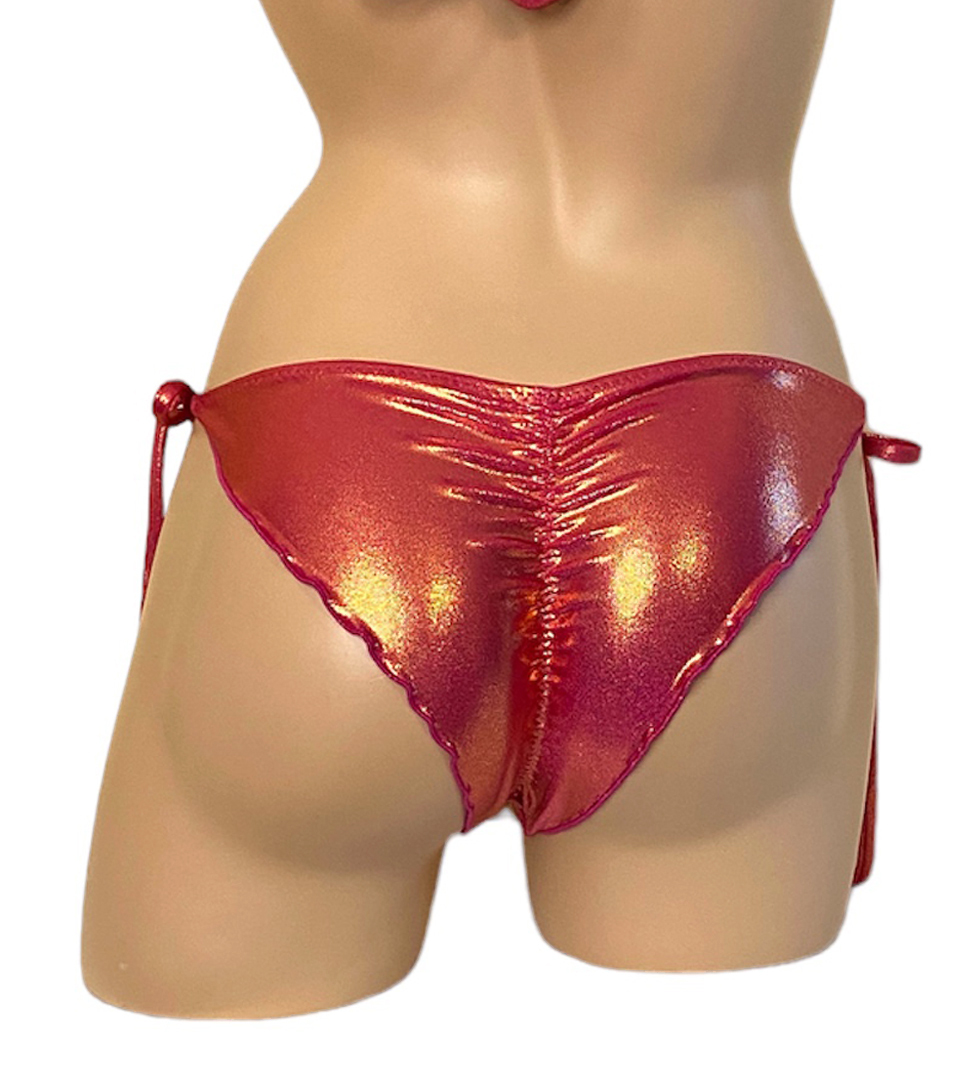 Low waist tie side ruched wavy back bikini bottoms in sangria back view