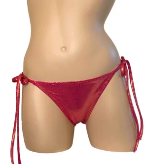 Low waist, tie side, ruched, wavy back bikini bottoms in metallic red sangria front view