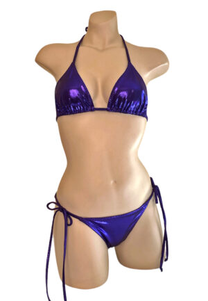 Low waist tie side ruched wavy back bikini bottoms and triangle top in metallic purple fabric front view
