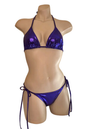 Low waist tie side ruched wavy back bikini bottoms and triangle top in metallic purple fabric