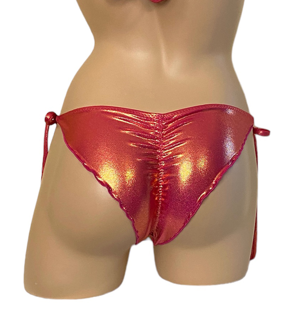 Low waist tie side ruched wavy back bikini bottoms in sangria back view