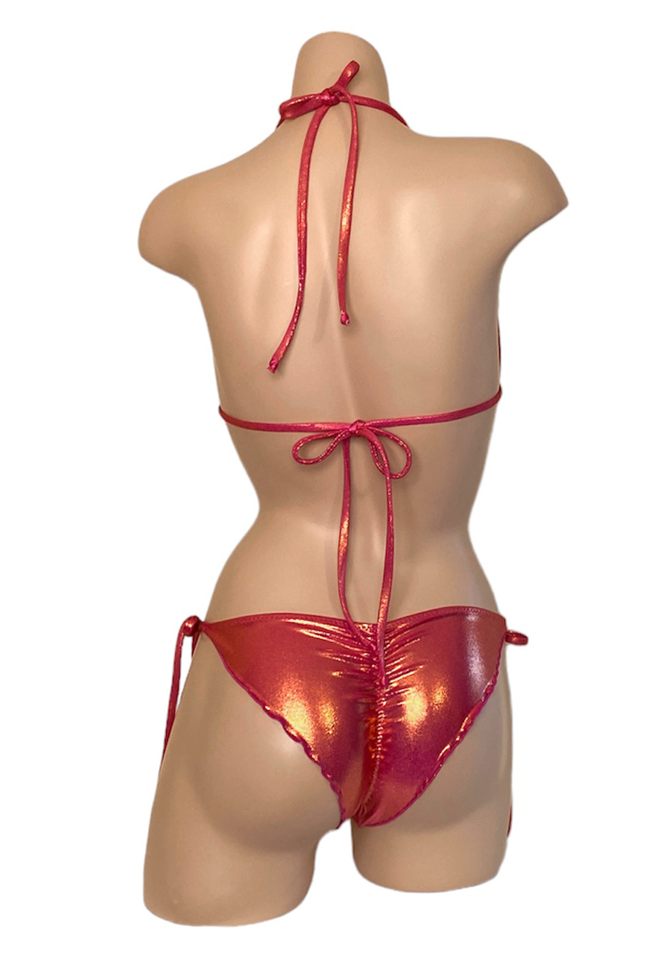 Low waist tie side ruched wavy back bikini bottoms and triangle top in metallic sangria back view