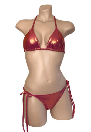 Low waist tie side ruched wavy back bikini bottoms and triangle top in metallic red sangria front view
