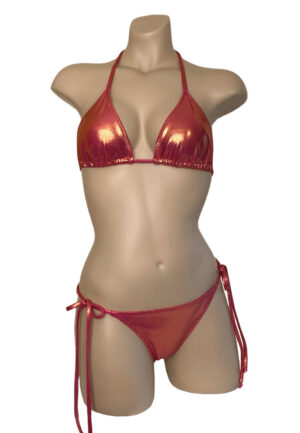 Low waist tie side ruched wavy back bikini bottoms and triangle top in metallic sangria