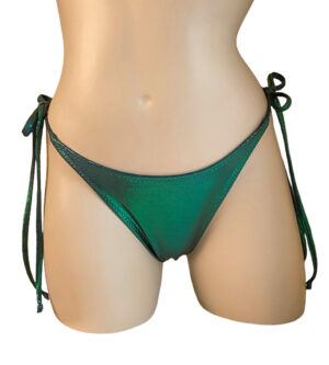 High hip, tie side, ruched back Kaiyo bikini bottoms in Mermaid Green front view