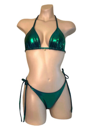 high cut tie side ruched back bikini bottoms and triangle top in metallic mermaid green with gold sea turtle charm front view