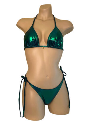 high cut tie side ruched back bikini bottoms and triangle top in metallic mermaid green with gold sea turtle charm