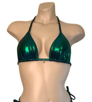 Triangle bikini top in Mermaid Green with gold sea turtle charm front view