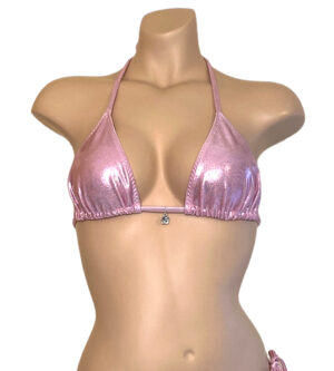 triangle bikini top in metallic baby pink with silver flower charm at center front view