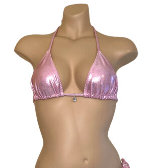 triangle top in metallic baby pink with silver flower charm at center