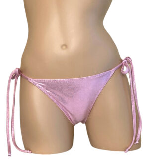 Low waist tie side wavy back bikini bottoms in metallic baby pink front view