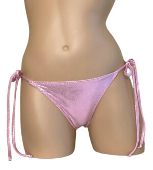 Low waist tie side wavy back bikini bottoms in metallic baby pink