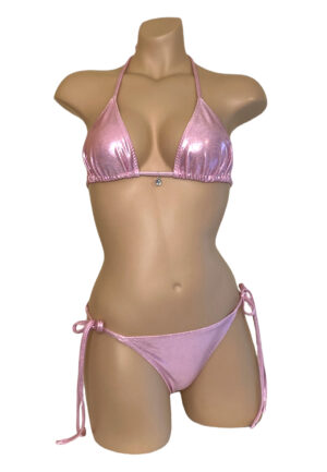 Low waist, wavy back, ruched, tie side bikini bottoms with triangle top in metallic baby pink