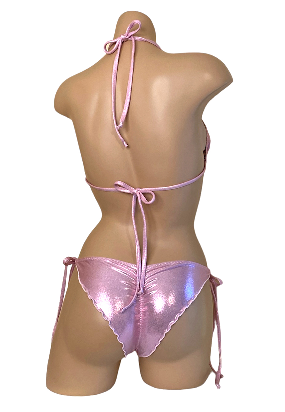 Low waist, wavy back, ruched, tie side bikini bottoms with triangle top in metallic baby pink back view