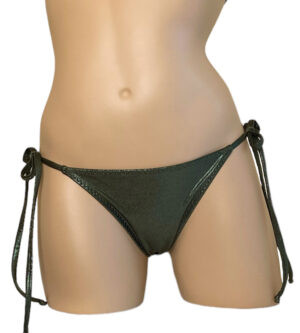 Low waist, ruched back, cheeky, tie side bikini bottoms in metallic Olive Green
